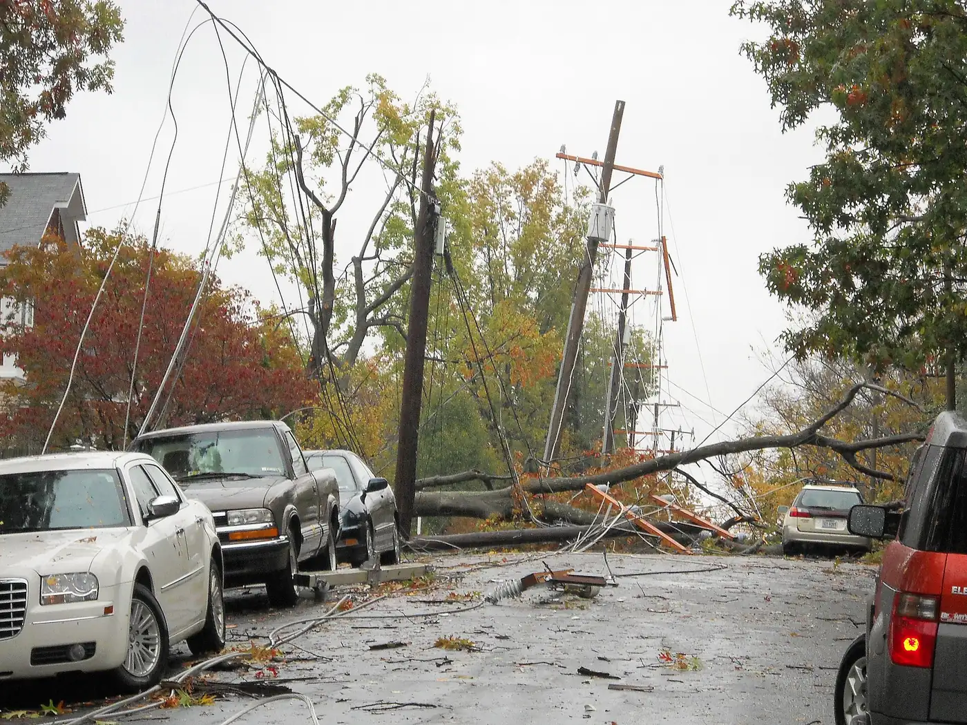 Downed power lines and fallen tree blocking a street after Storm Sandy, photographed from a safe distance